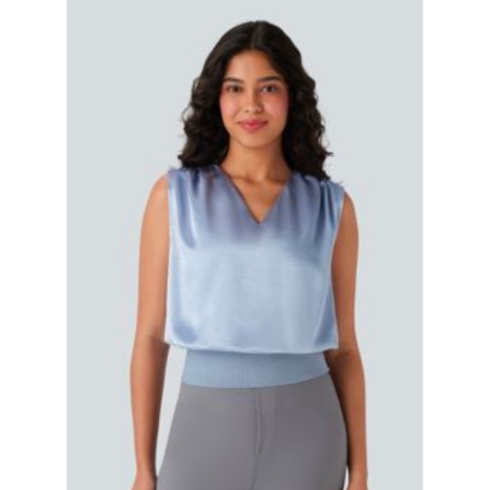 Halara Women's V-Neck Sleeveless Satin-Like Work Blouse Blue Size Large NWT